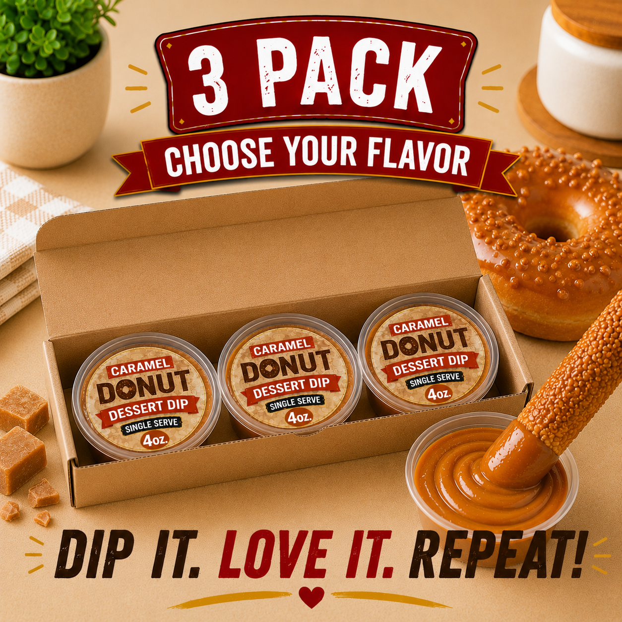 Donut Pizza Crust Dessert Dip 3-Pack | Three 4 oz Cups