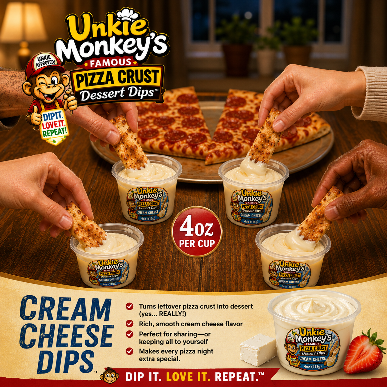 Unkie Monkey's Famous Pizza Crust Dessert Dips - Cream Cheese Donut Dessert Dip 4 Pack