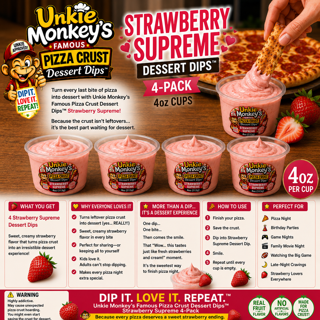 Unkie Monkey's Famous Pizza Crust Dessert Dips Strawberry Supreme 4 Pack