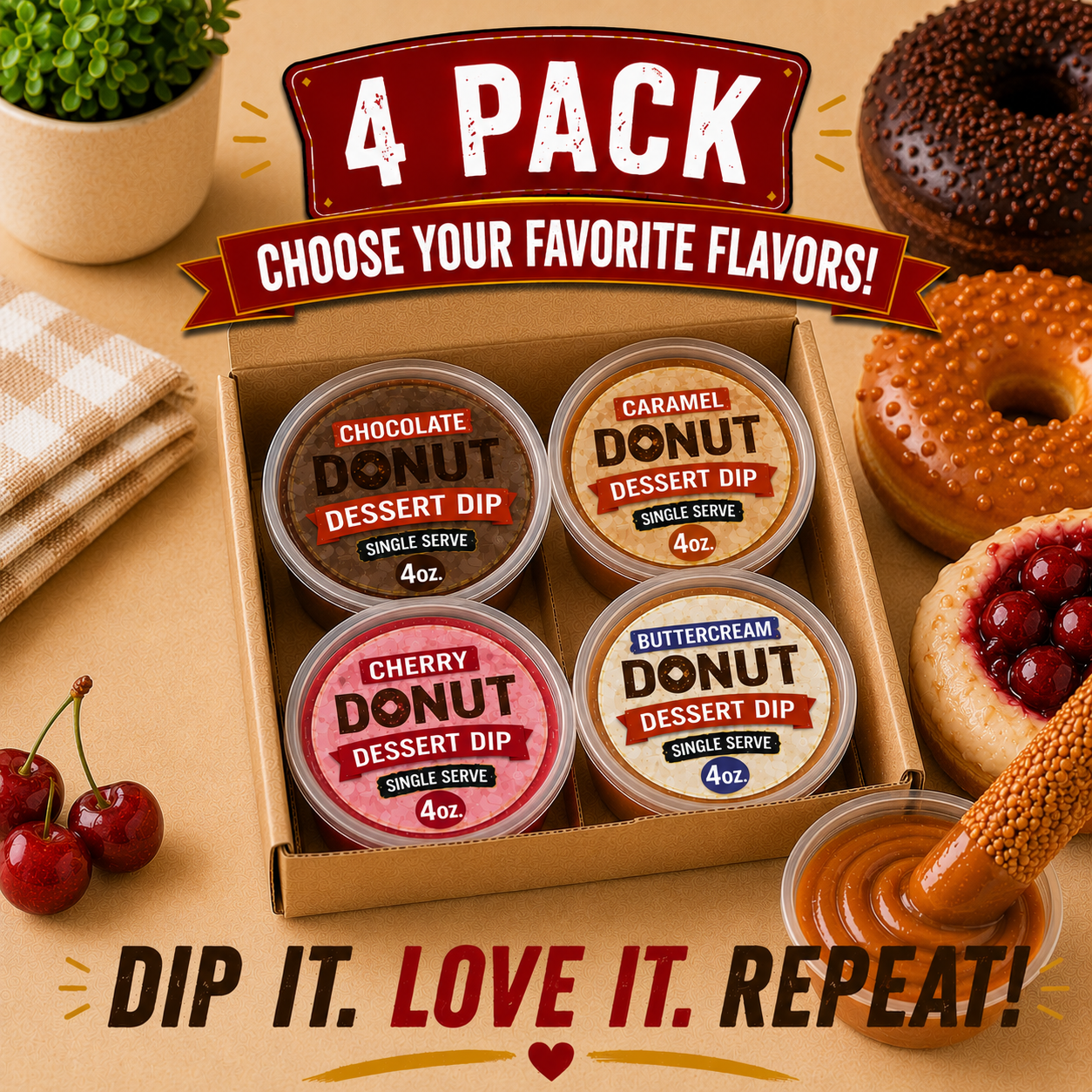 Assorted 4-Pack | Four 4 oz Cups Pizza Crust Donut Dessert Dips