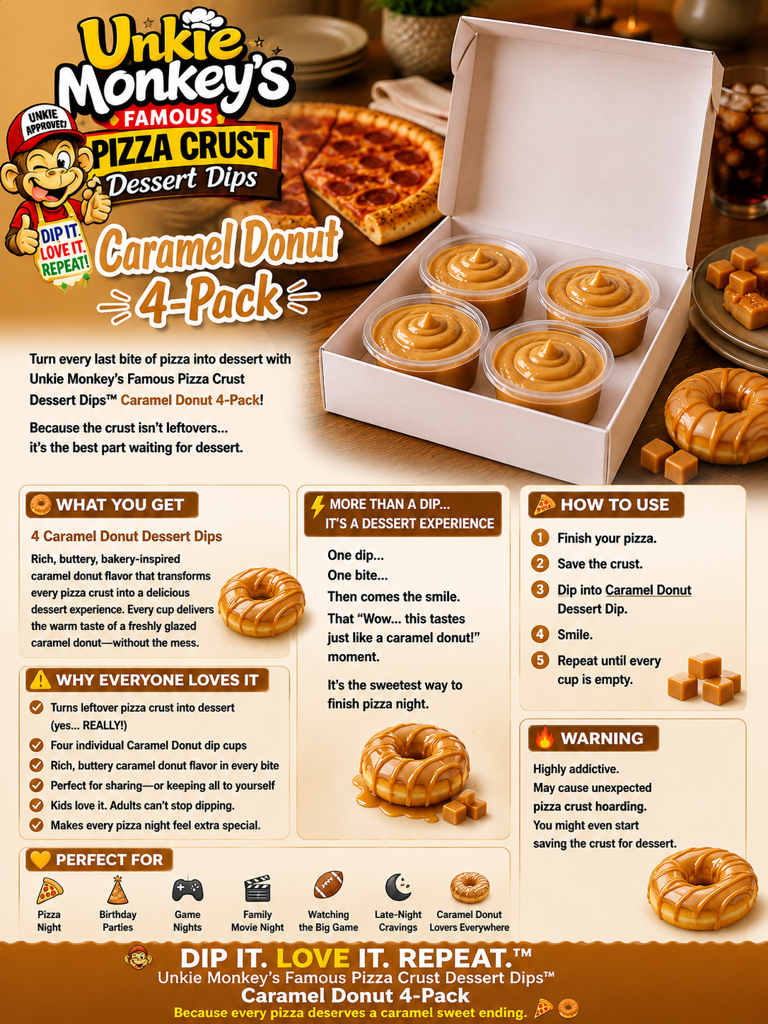 Unkie Monkey's Famous Pizza Crust Dessert Dips Caramel Donut 4 Pack