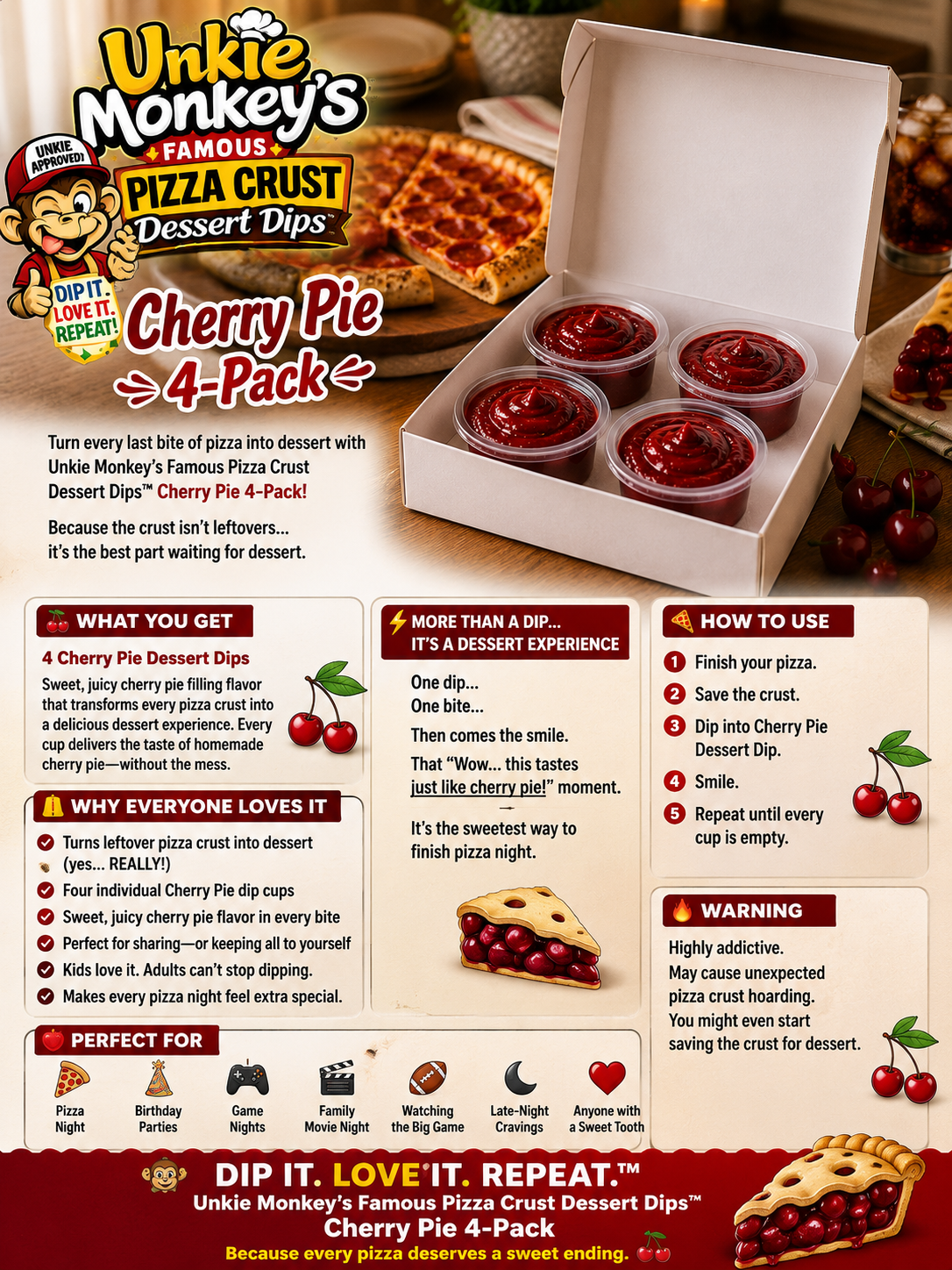 Unkie Monkey's Famous Pizza Crust Dessert Dips Cherry Pie 4 Pack