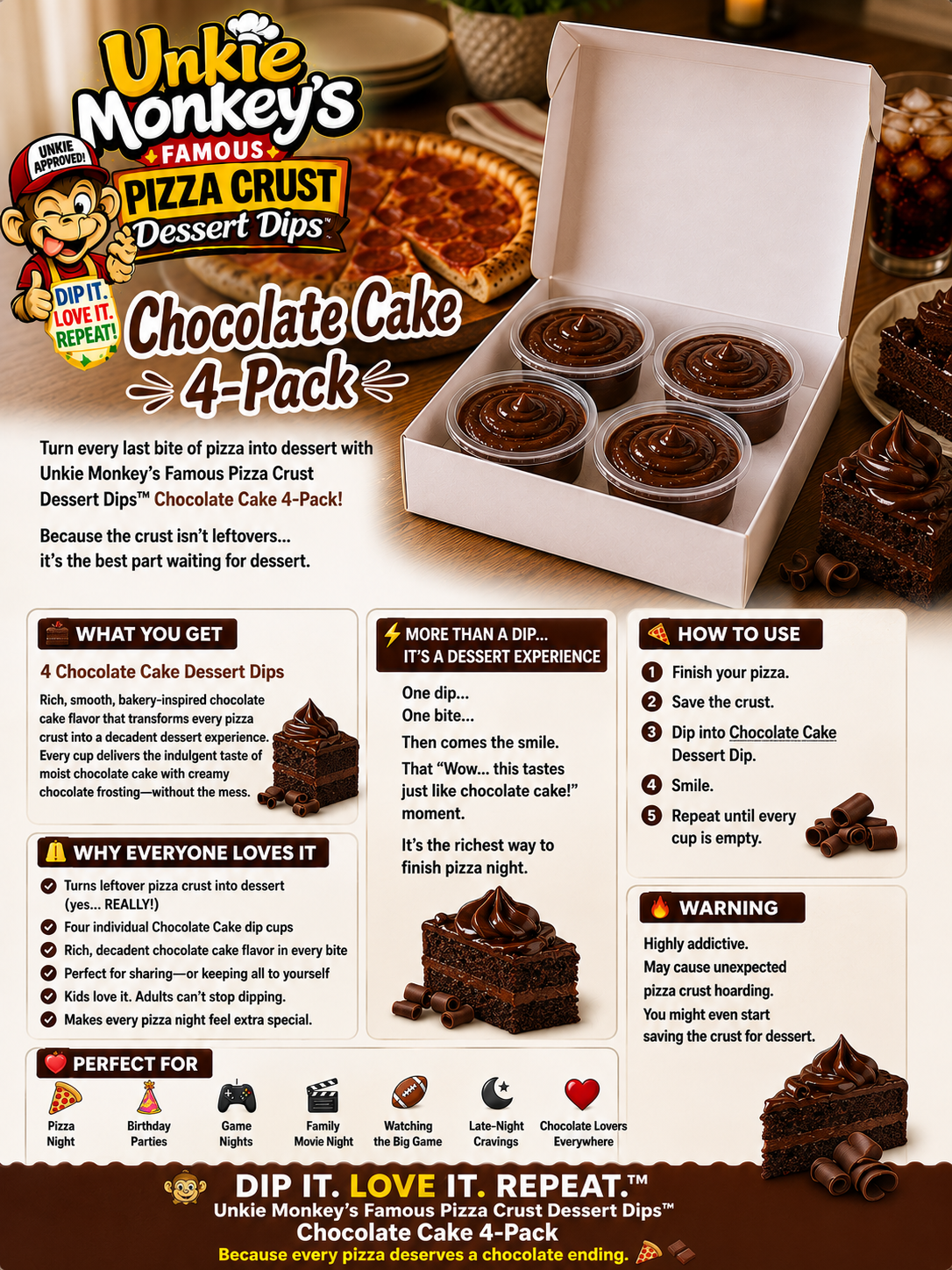 Unkie Monkey's Famous Pizza Crust Dessert Dips Chocolate Cake 4 Pack