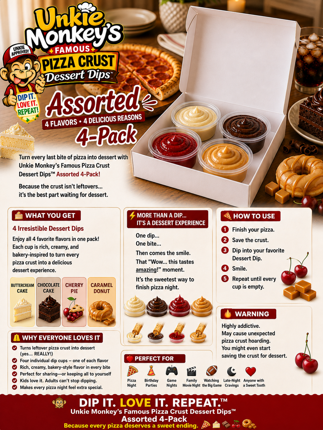 Unkie Monkey's Famous Pizza Crust Dessert Dips Assorted 4 Pack