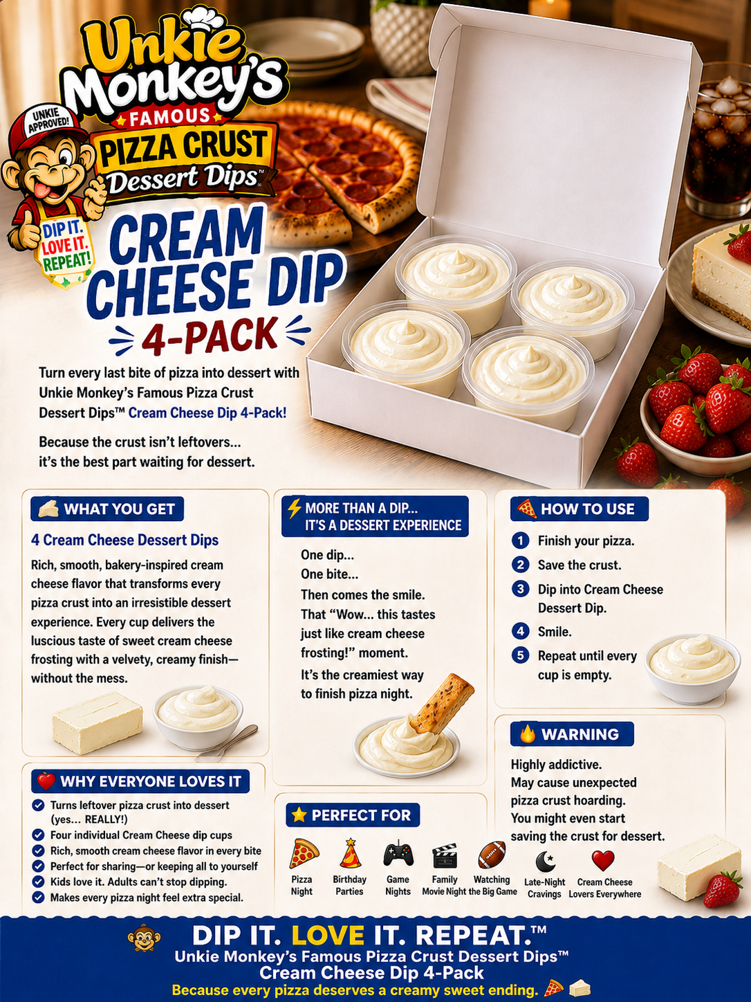 Unkie Monkey's Famous Pizza Crust Dessert Dips - Cream Cheese Donut Dessert Dip 4 Pack
