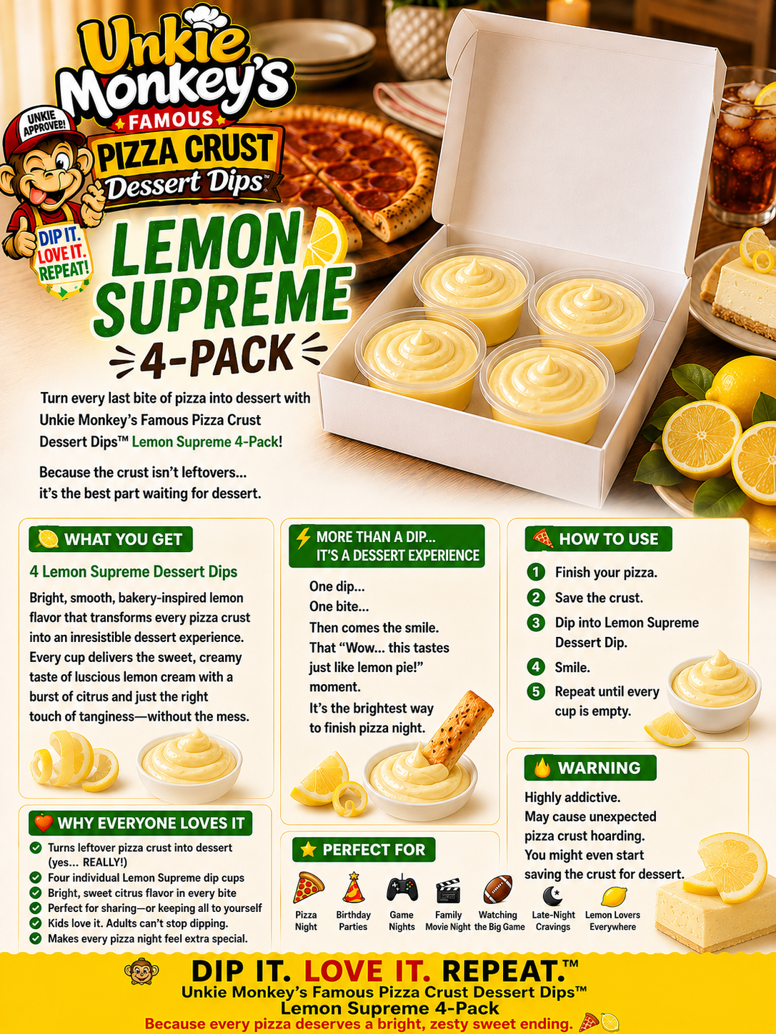 Unkie Monkey's Famous Pizza Crust Dessert Dips Lemon Supreme 4 Pack