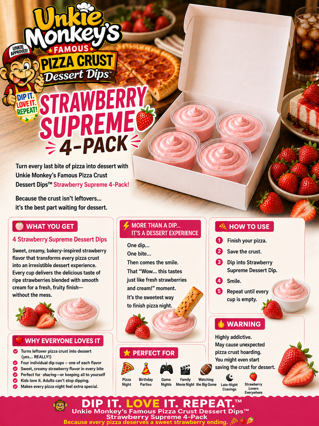 Unkie Monkey's Famous Pizza Crust Dessert Dips Strawberry Supreme 4 Pack